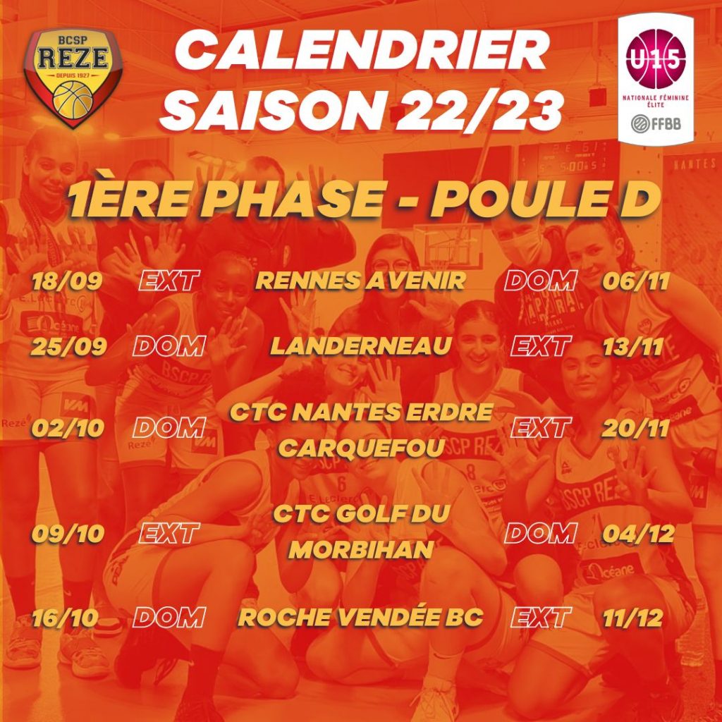 Calendrier BCSP Rezé U15F France - 1ère phase - saison 2022/2023