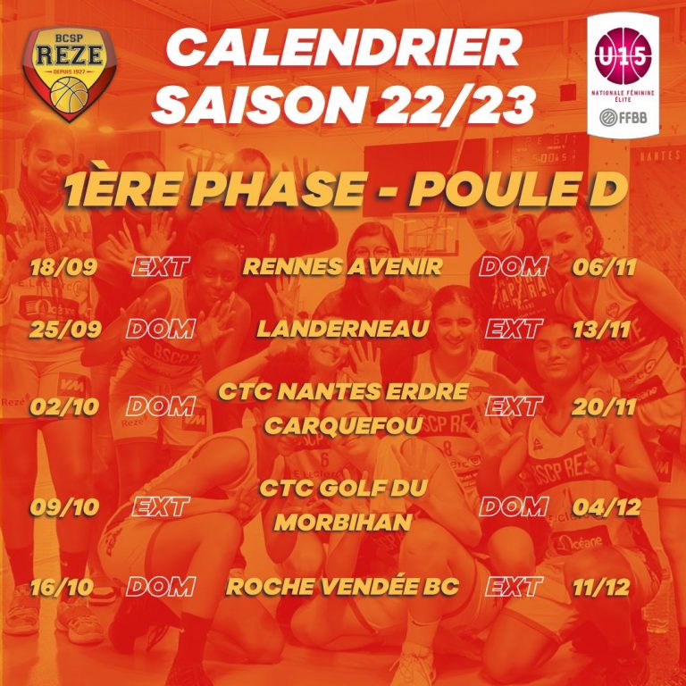 Calendrier BCSP Rezé U15F France - 1ère phase - saison 2022/2023