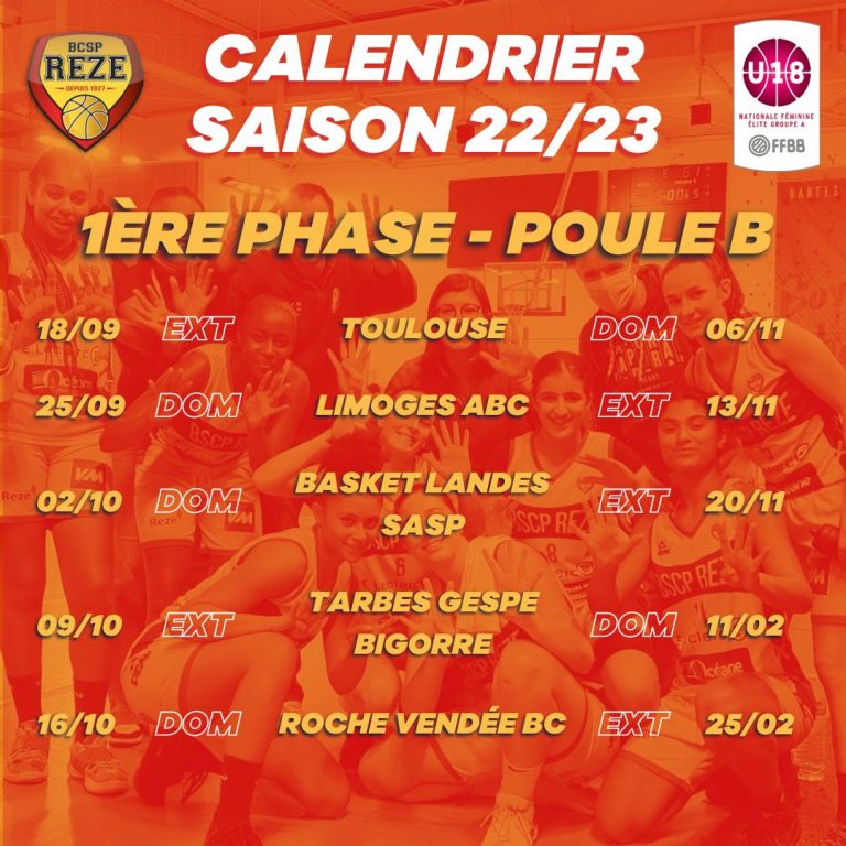 Calendrier BCSP Rezé U18F France - 1ère phase - saison 2022/2023