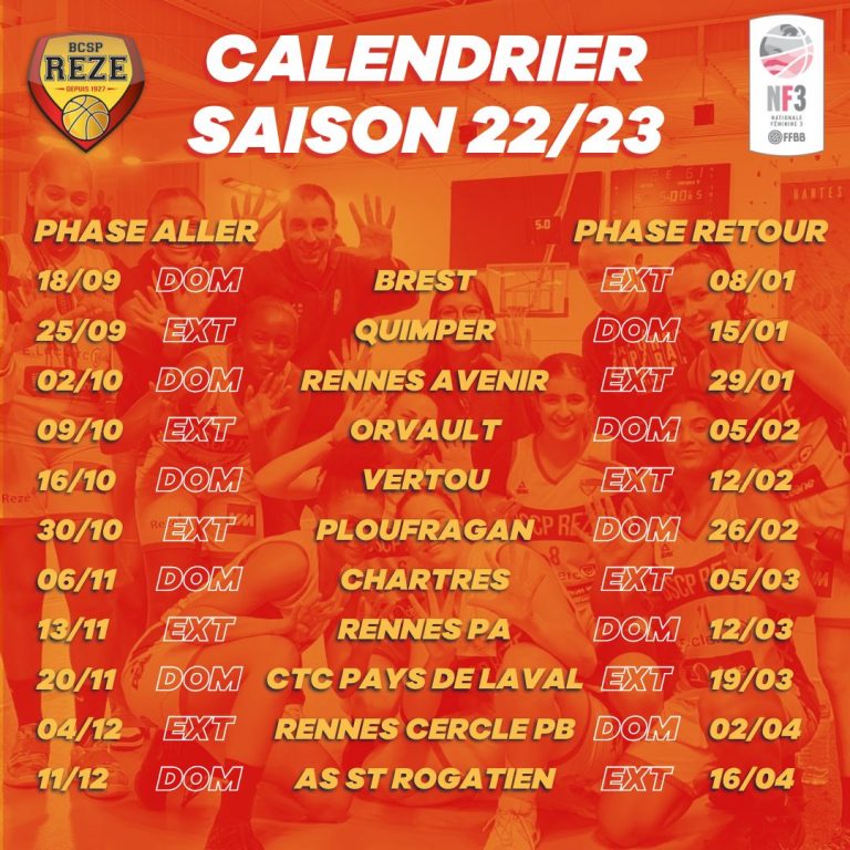 Calendrier NF3 - BCSP Rezé - saison 2022 / 2023